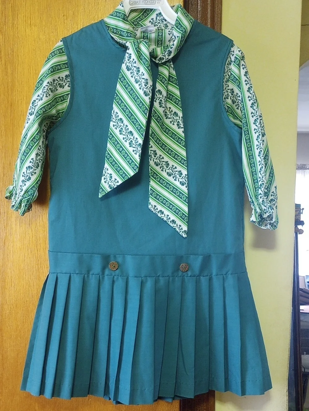 Sears Perma-Prest Green & White Vtg Pleated Irish Shamrock 2-Piece Dress, Sz 6X
